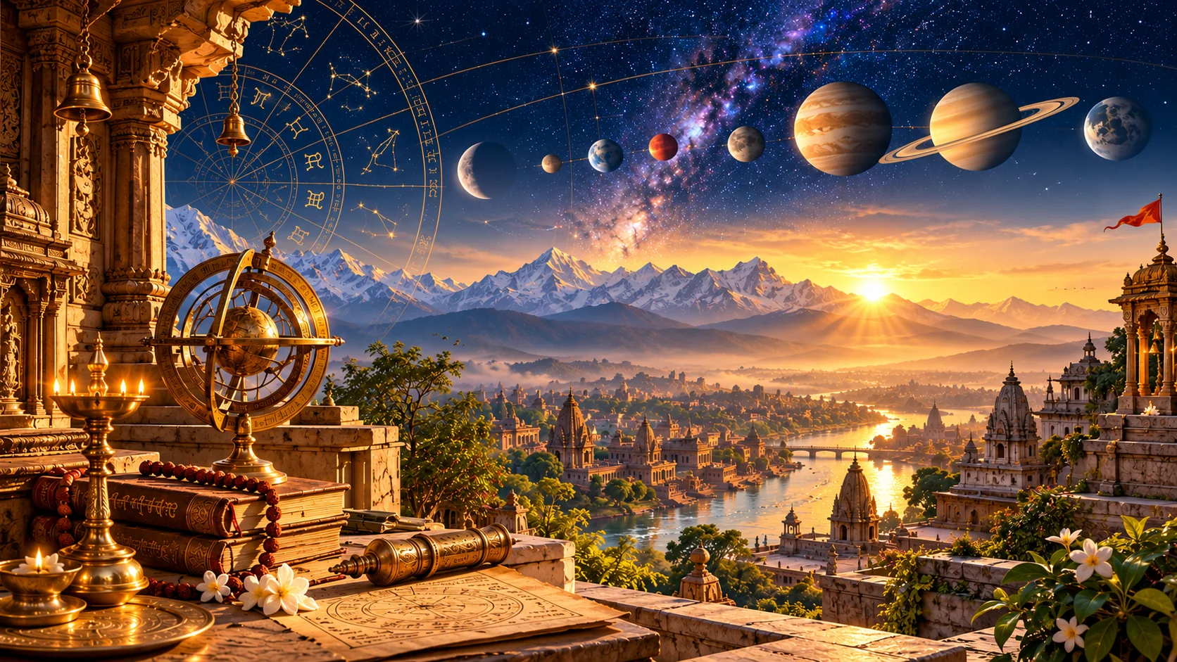 The planets in a line above the Himalaya at sunrise, seen from a temple terrace with a brass armillary sphere