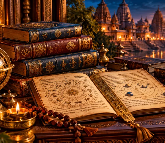 A stack of Vedic books