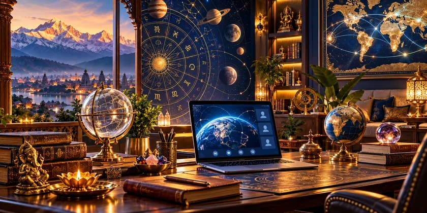 A globe with video-call icons for remote sessions