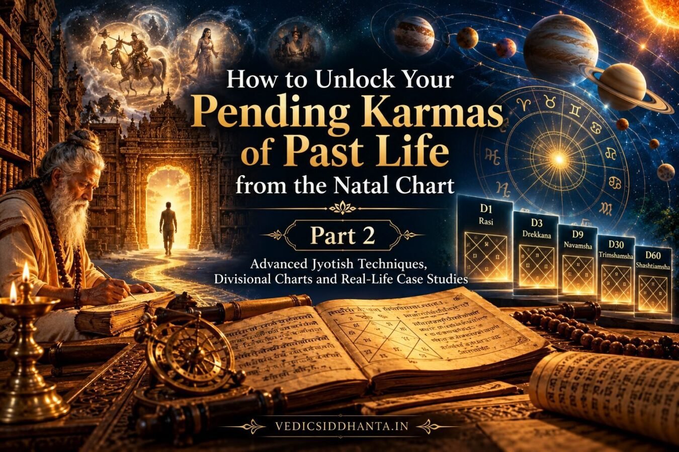 Rishi writing by lamplight beside an open manuscript, with the planets, zodiac wheel and D1, D3, D9, D30 and D60 charts: Part 2 of unlocking past-life karma from the natal chart